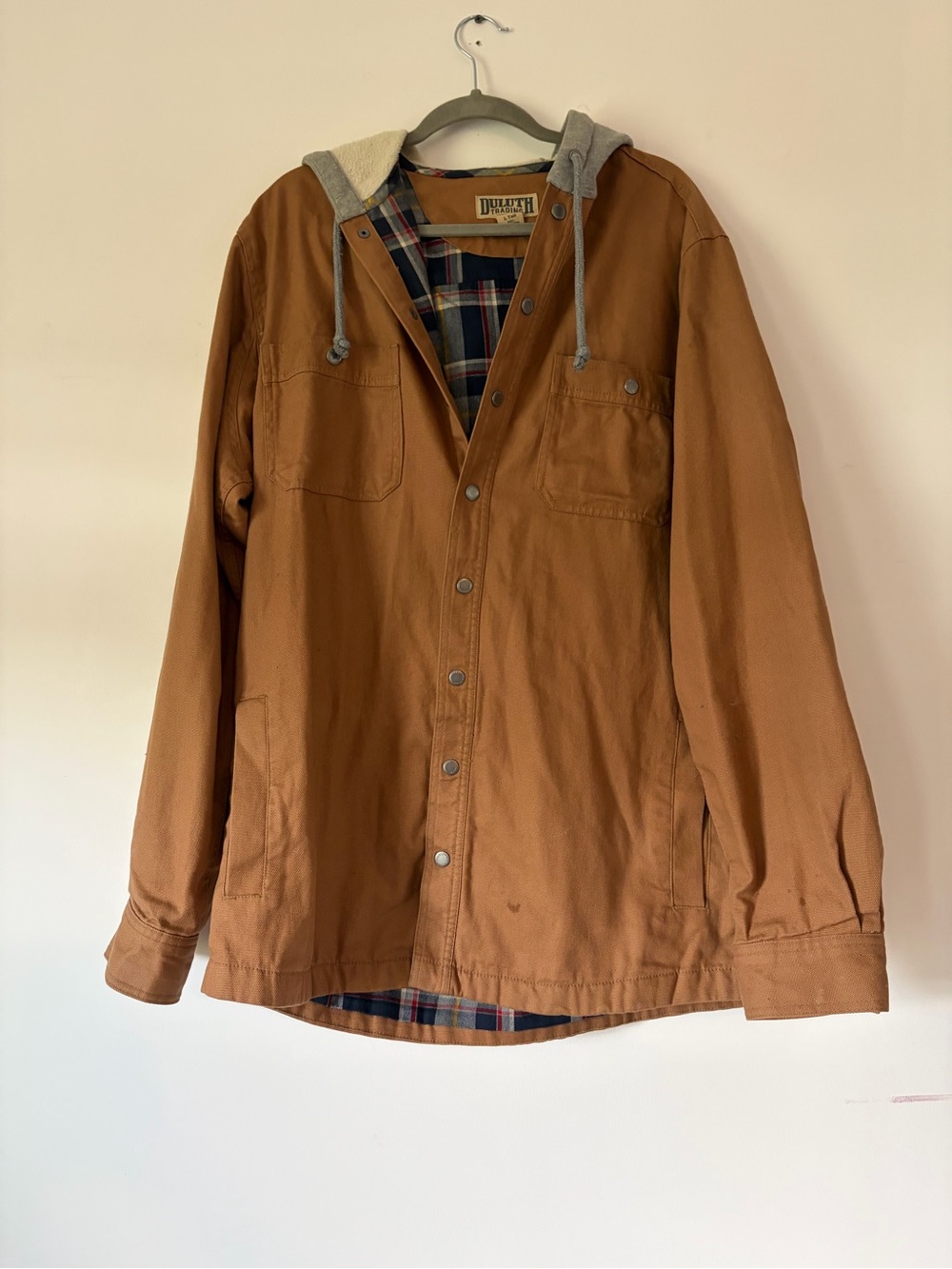 Men’s Duluth Trading co canvas chore jacket snap work flannel lined barn coat LT